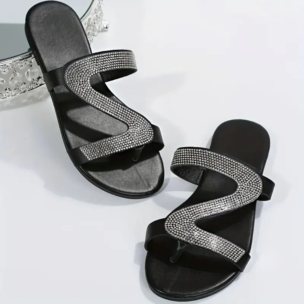 NEW Women's Bling Rhinestone Crystal Open Toe Slide On Flat Dressy Sandals Black